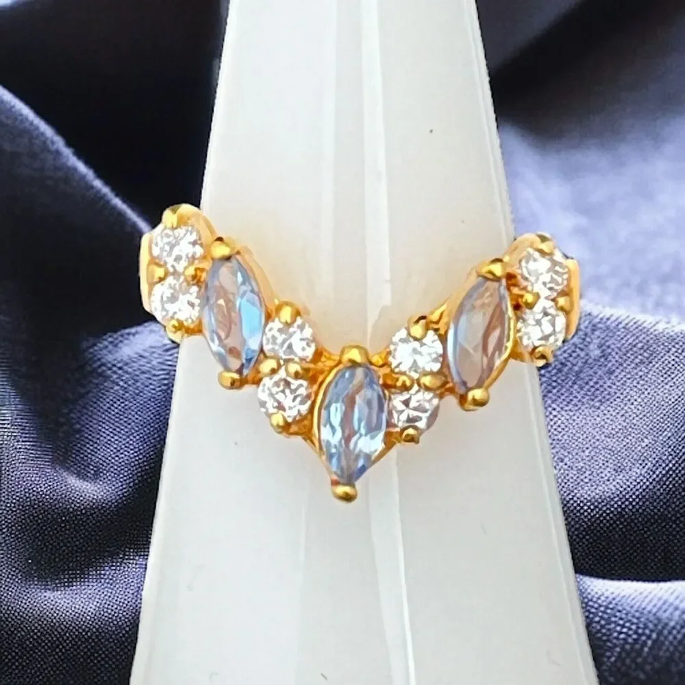 Vintage 1970s Blue Topaz Crystal Ring CZ Accents Gold Plate Size 6 NOS - 5V